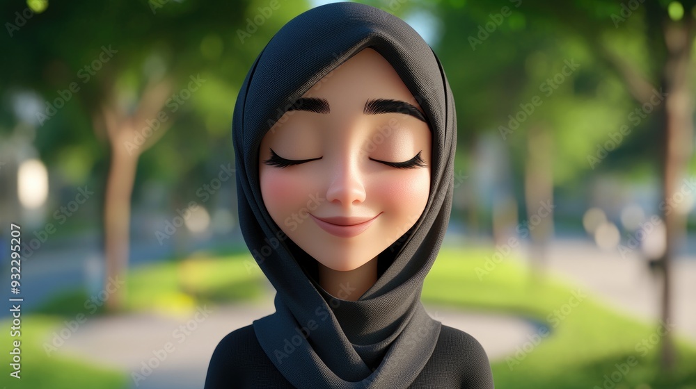 3D Cartoon of a Middle Eastern Woman Smiling Confidently with Closed Eyes in a Park 3D Cartoon of a Middle Eastern Woman Smiling Confidently with Closed Eyes in a Park