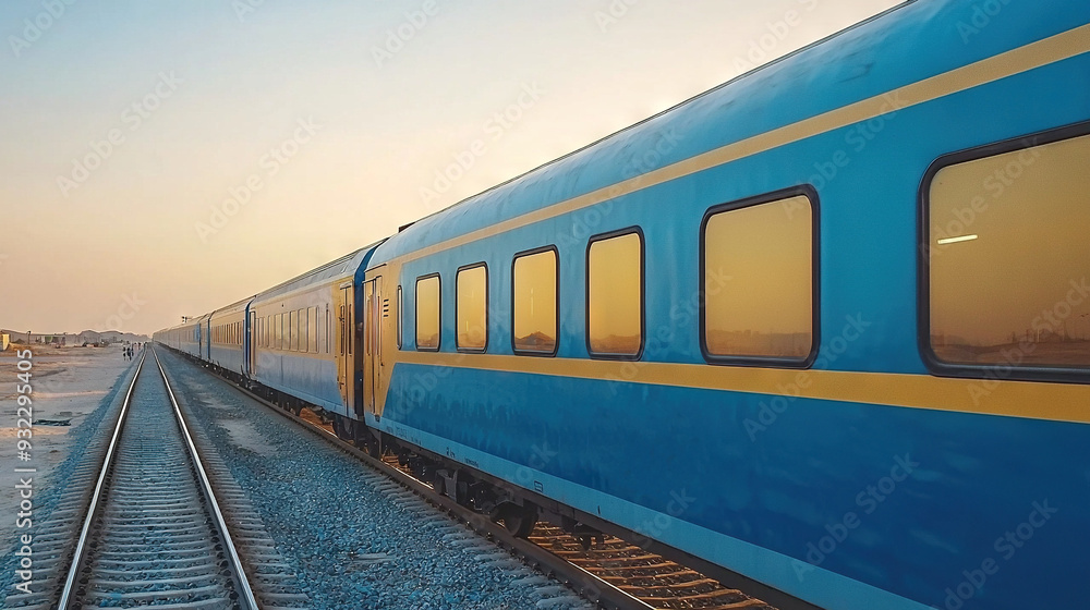 Fototapeta premium A blue train travels down train tracks alongside a snow-covered field and a tall building with a clock on its side
