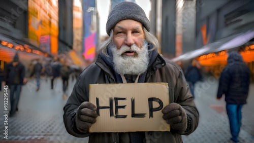 Homeless elderly beggar, asking for alms. Old man on the street holding a sign with the text 
