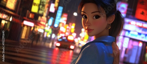 3D Cartoon of a young beautiful Asian woman exploring vibrant city streets at night