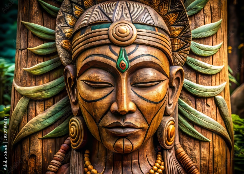 Fototapeta premium Ancient Totem of Silence: Tribal markings adorn earthen textures, sacred symbols etch serenity, meditative posture embodies stillness, serene expression whispers quiet contemplation.