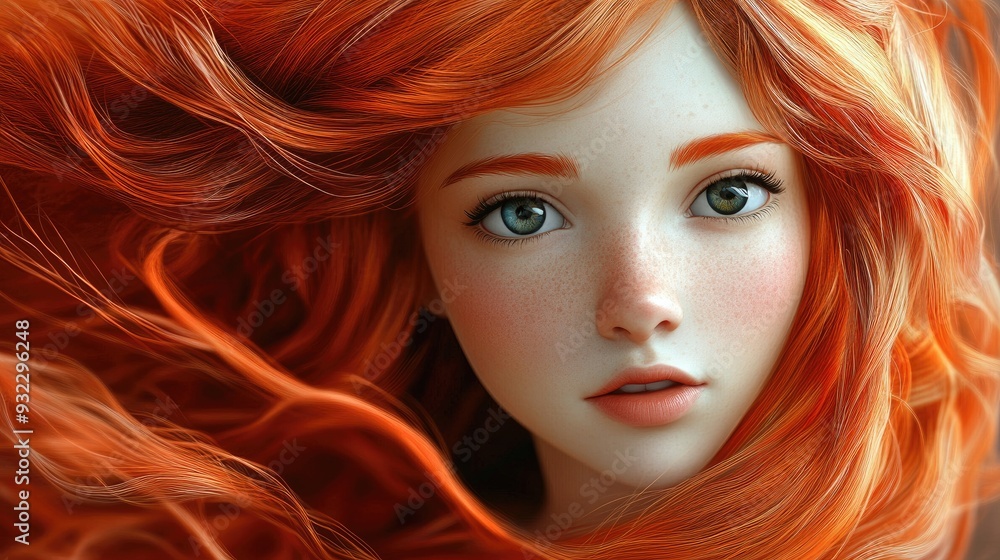 Obraz premium 3D Cartoon Portrait of a Beautiful Ginger Girl with Stunning Hair