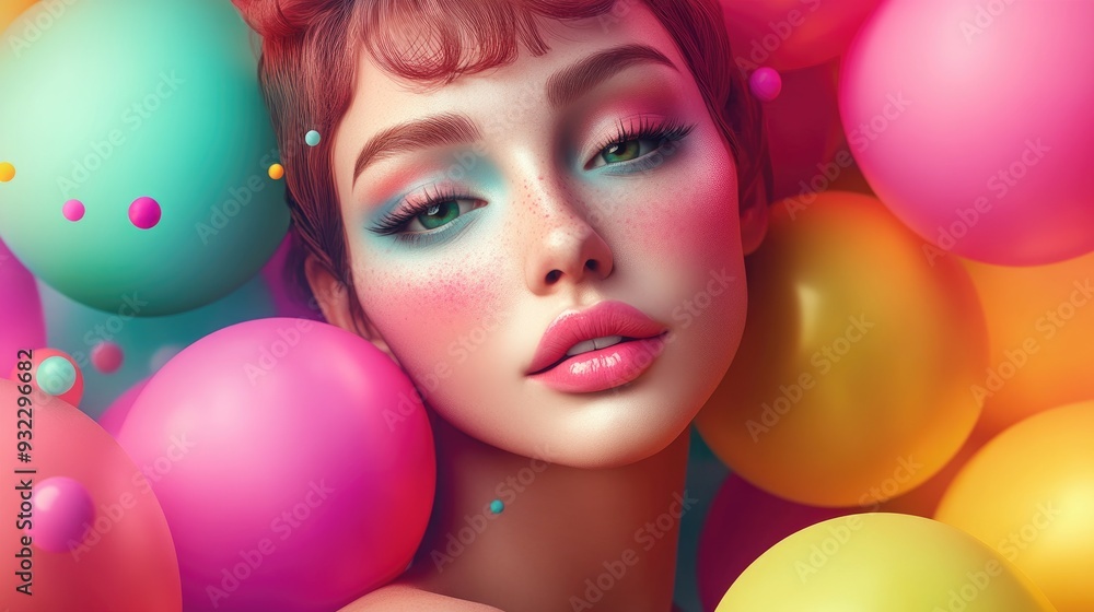 3D Cartoon Portrait of a Gorgeous Lady with Colorful Balloons and Makeup Soft Focus 3D Cartoon Portrait of a Gorgeous Lady with Colorful Balloons and Makeup Soft Focus