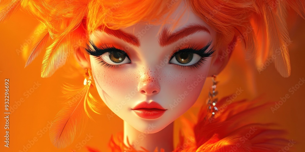 3D Cartoon Portrait of a Gorgeous Character with Playful Makeup and Feathered Hairstyle in Bright Orange 3D Cartoon Portrait of a Gorgeous Character with Playful Makeup and Feathered Hairstyle in Bright Orange