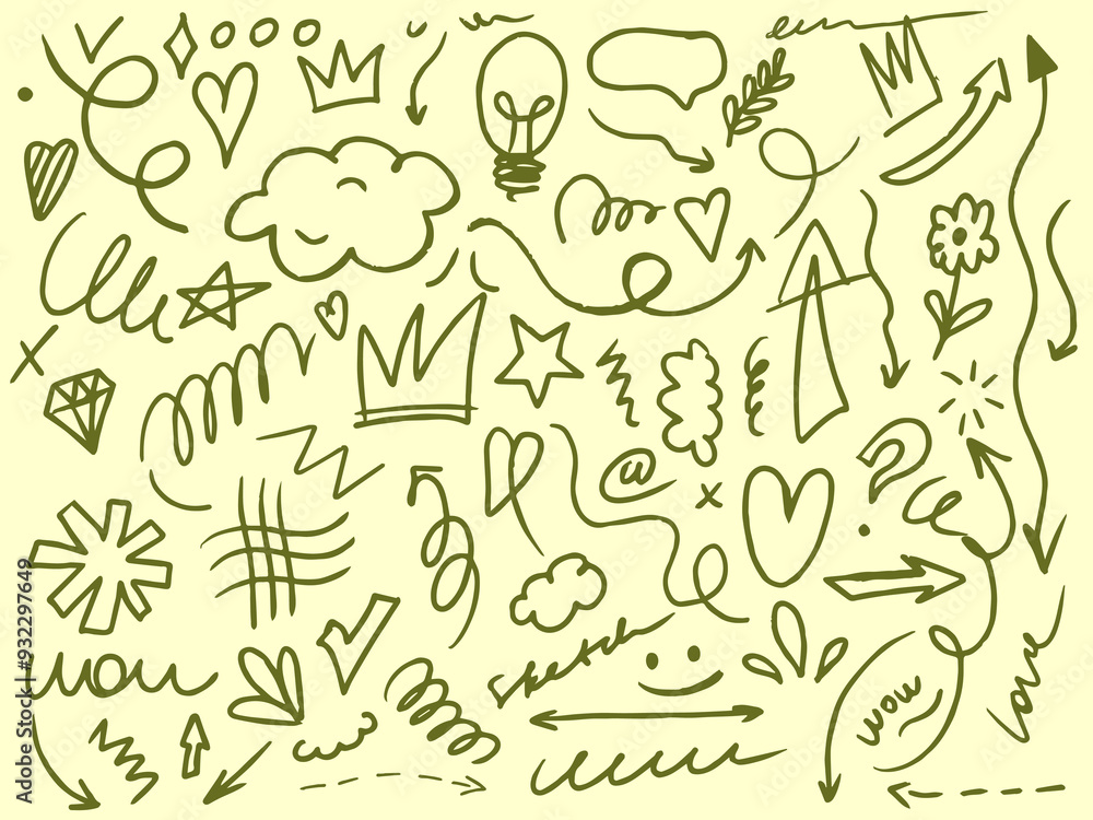 Fototapeta premium Hand drawn doodles, hearts, stars, arrows, love symbols, Valentine’s Day elements on a light bcakground. Hand drawn abstract scribbles and squiggles. Chalk. Charcoal graffiti doodle. 