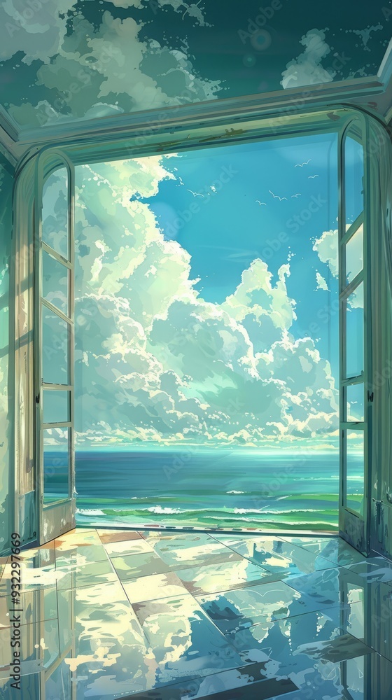Fototapeta premium a room with a view of the water and clouds