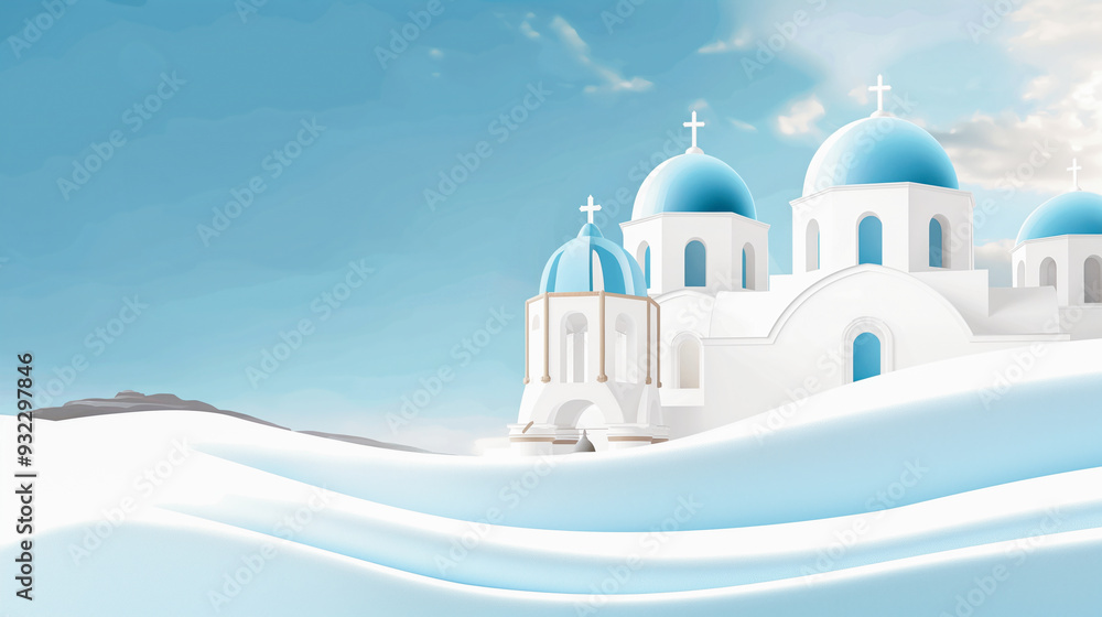 A stunning illustration of a Greek church with blue domes against a serene backdrop, celebrating World Tourism Day A stunning illustration of a Greek church with blue domes against a serene backdrop, celebrating World Tourism Day