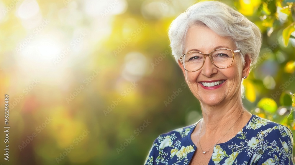 A woman with glasses and a blue floral dress is smiling A woman with glasses and a blue floral dress is smiling