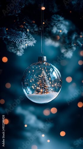 A transparent glass Christmas tree ornament hangs in the air. Inside it, there is snow, stars and a christmas tree. 