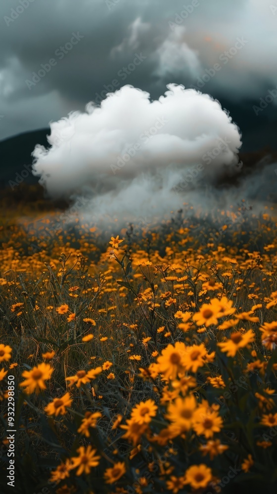 Fototapeta premium a cloud of smoke is floating over a field of yellow flowers