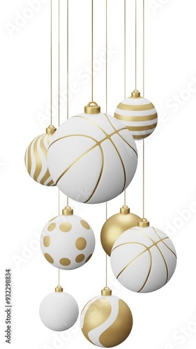 Basketball Sport Christmas card video 4k animation. Merry Christmas sport greeting card. Hang on a thread ball as a xmas ball and golden bauble on white and green horizontal background.