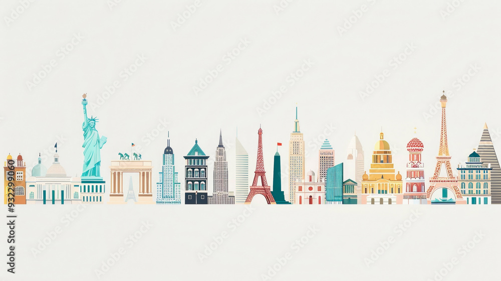 Obraz premium Vector art featuring a lineup of famous landmarks from around the world in a stylized design