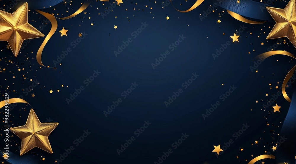 Fototapeta premium Gold Stars and Ribbons on Blue Background Festive Celebration Design