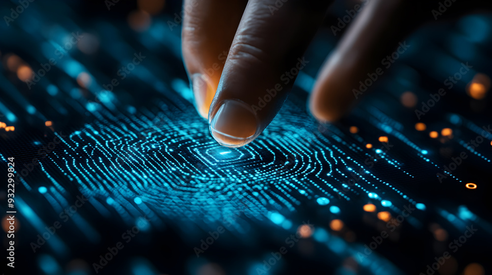 A fingertip scans a glowing blue digital fingerprint pattern. A fingertip scans a glowing blue digital fingerprint pattern.