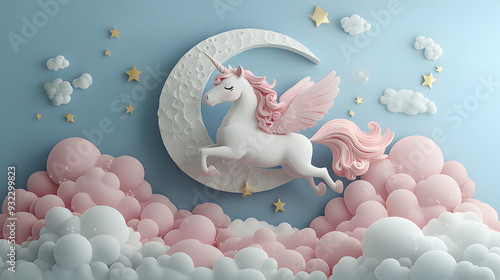 A cute unicorn with pink wings flying over pink and white clouds in a crescent moon.