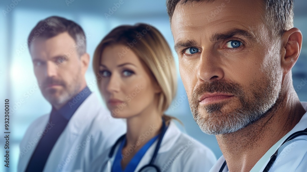 Three doctors are standing in front of a window