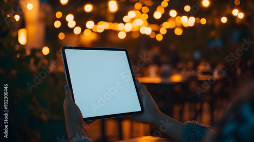 A person is holding a tablet in their hands with a white screen and blurred lights in the background.
