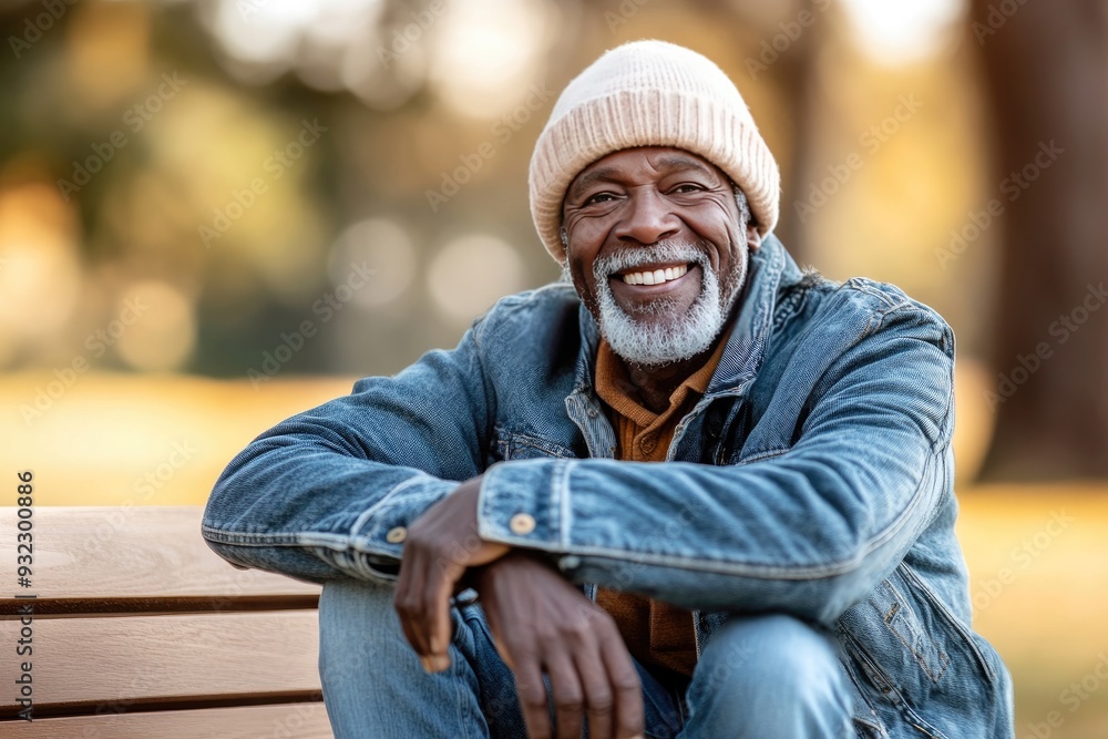 A joyful elderly man enjoys a sunny afternoon in the park wearing a cozy beanie and denim jacket A joyful elderly man enjoys a sunny afternoon in the park wearing a cozy beanie and denim jacket