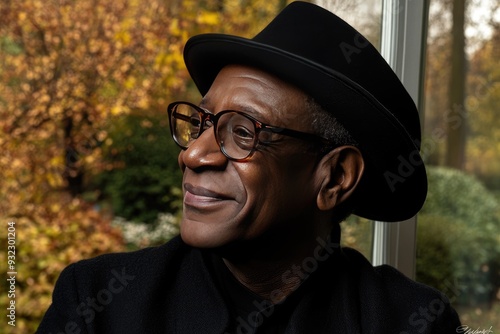 A thoughtful elderly man in a hat gazes out at autumn foliage on a sunny day