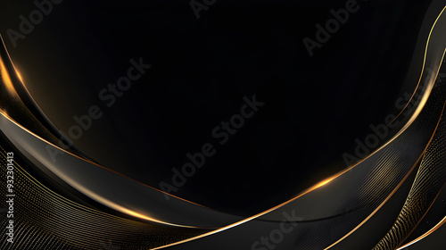 Abstract black and gold background with curves and glowing lines.