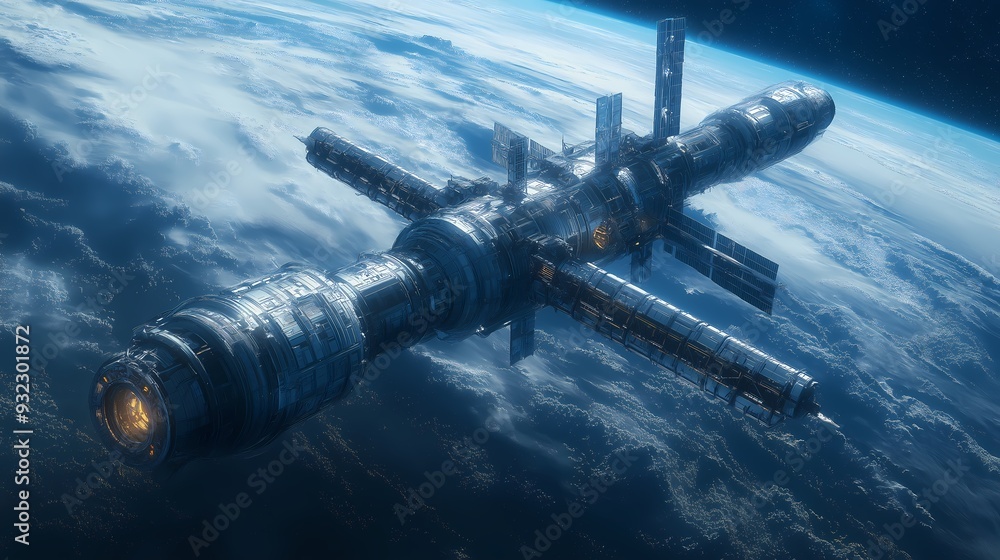 Obraz premium A futuristic space station orbiting a distant exoplanet