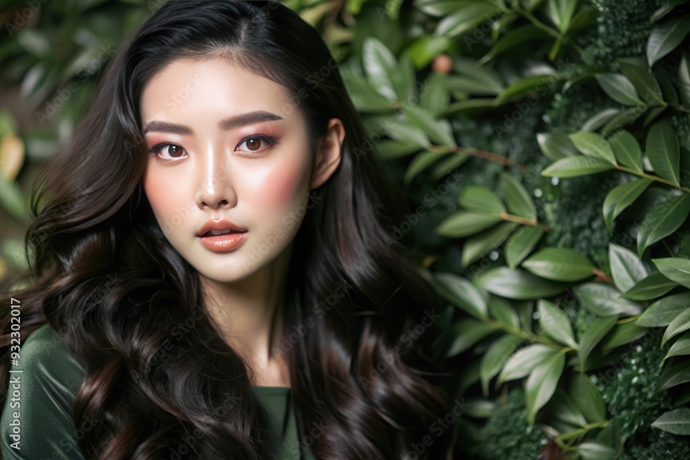 A young woman with long dark hair poses in front of a lush green foliage background, showcasing her beauty with soft makeup and an elegant outfit. Generative AI A young woman with long dark hair poses in front of a lush green foliage background, showcasing her beauty with soft makeup and an elegant outfit. Generative AI