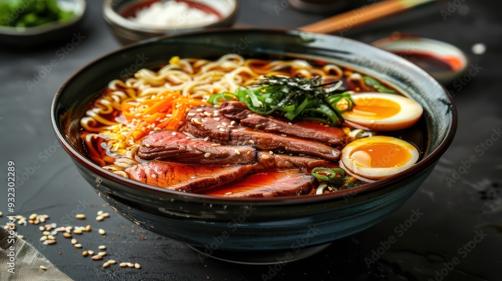 Delicious Ramen Bowl with Beef and Egg Delicious Ramen Bowl with Beef and Egg
