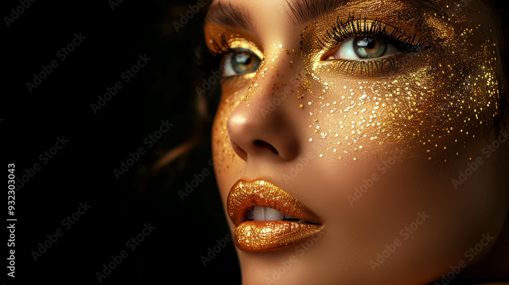 Eyes of a beautiful girl covered with golden sparkles close-up Eyes of a beautiful girl covered with golden sparkles close-up