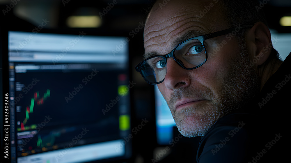 Close-up of a man looking intently at a computer screen, with a chart of a stock market trend in the background. Close-up of a man looking intently at a computer screen, with a chart of a stock market trend in the background.