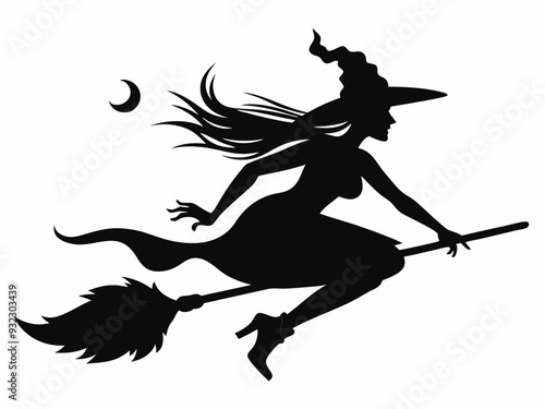 Witch flying on a broom. Black silhouette. Halloween icon. Vector illustration.