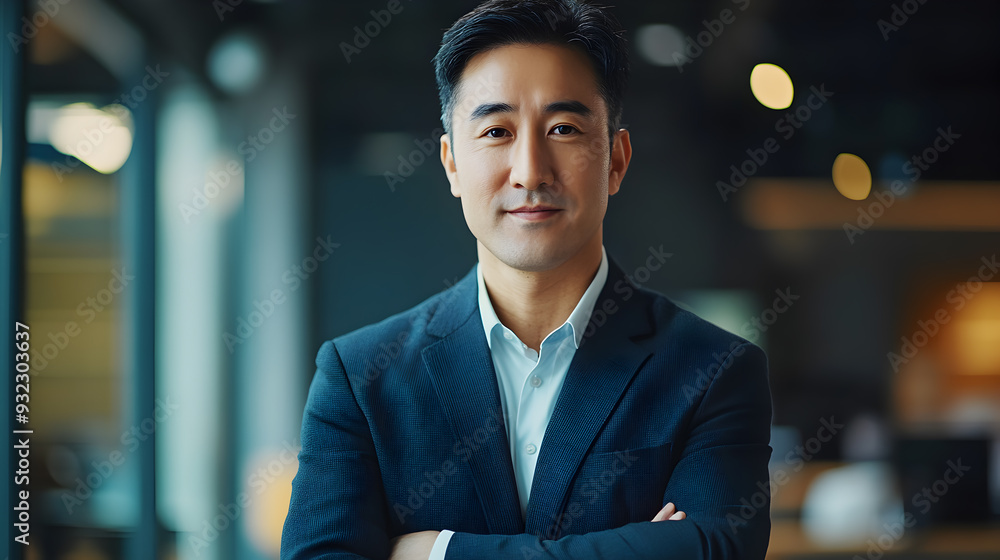 Confident businessman in a suit with arms crossed standing in an office. Confident businessman in a suit with arms crossed standing in an office.