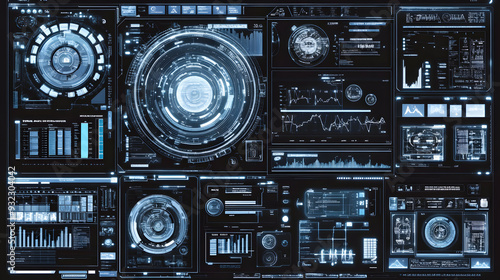 Futuristic digital interface with a circular HUD and various data displays.