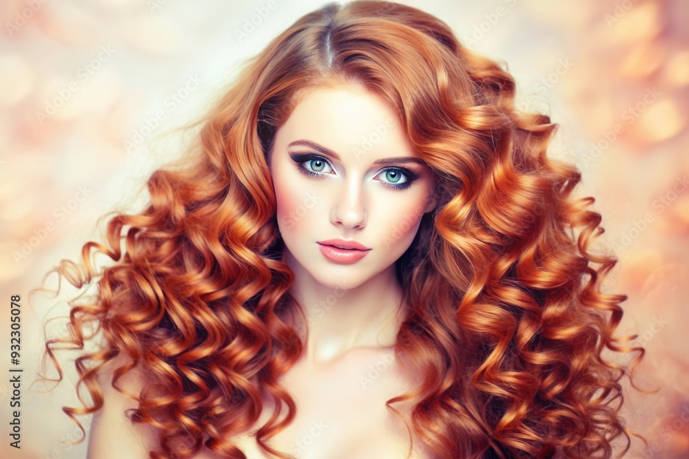 A young woman with vibrant, curly red hair poses gracefully against a soft, blurred background, showcasing her striking features and captivating gaze. Generative AI A young woman with vibrant, curly red hair poses gracefully against a soft, blurred background, showcasing her striking features and captivating gaze. Generative AI