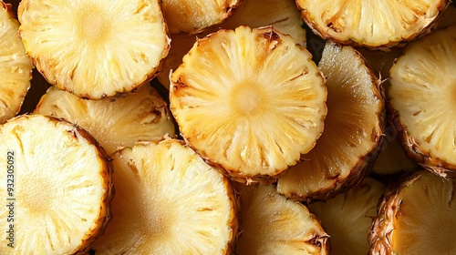  A stack of pineapple slices on a wooden table alongside another stack of pineapple slices