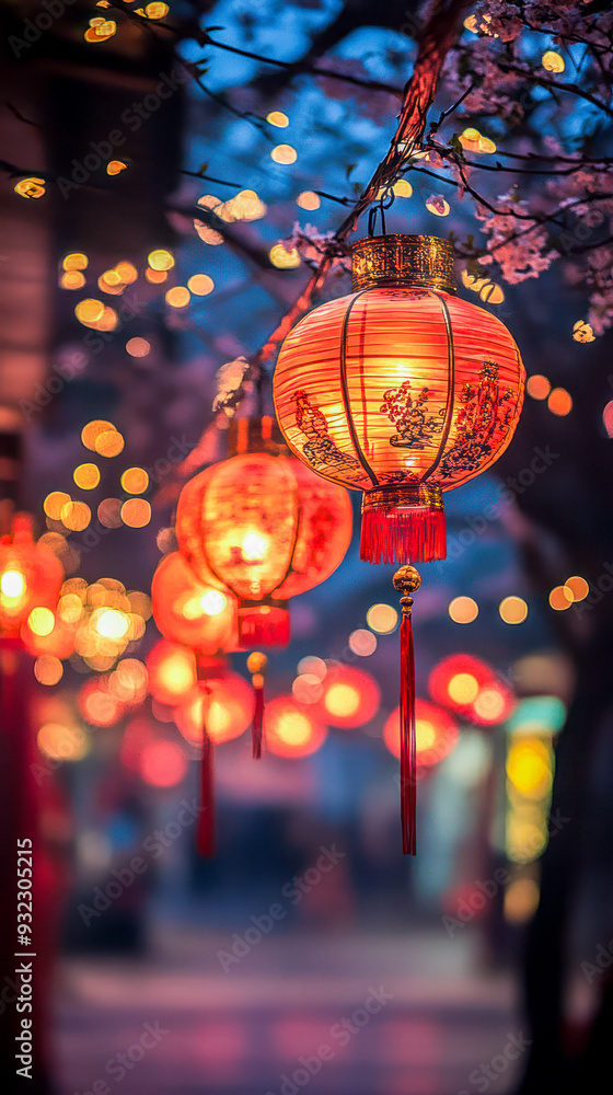 Chinese New Year celebration featuring colorful lanterns in a festive street setting Chinese New Year celebration featuring colorful lanterns in a festive street setting