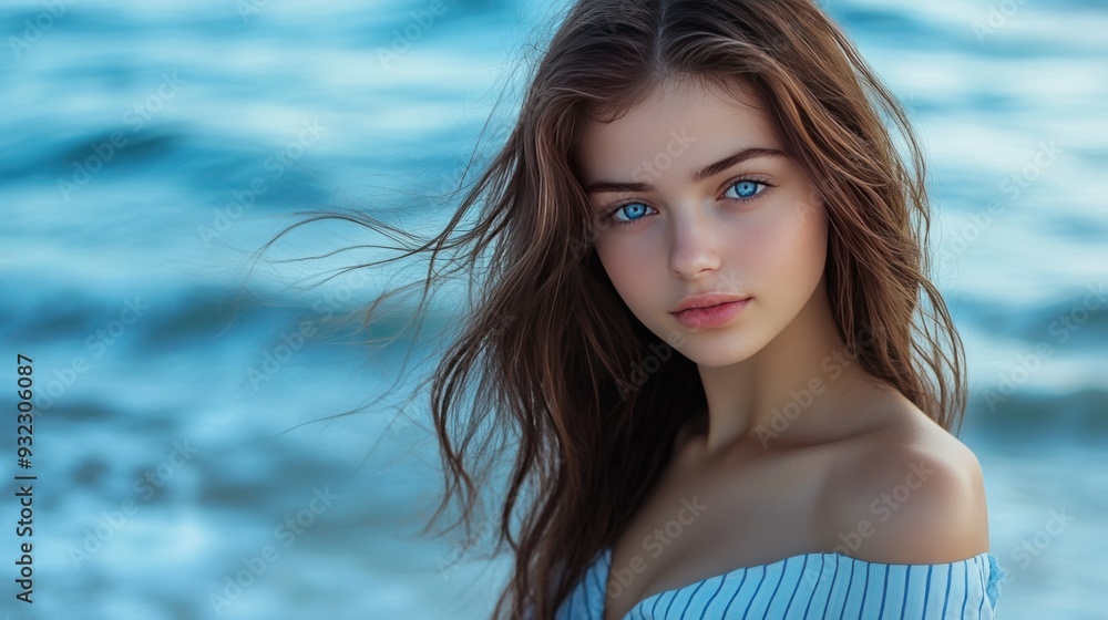 Gorgeous brunette girl with long hair and blue eyes, half turned over in a blue striped dress against a seaside backdrop Gorgeous brunette girl with long hair and blue eyes, half turned over in a blue striped dress against a seaside backdrop