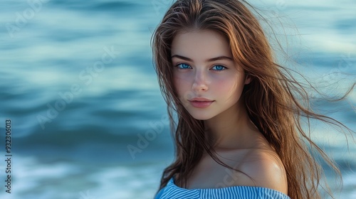 Gorgeous brunette girl with long hair and blue eyes, half turned over in a blue striped dress against a seaside backdrop photo