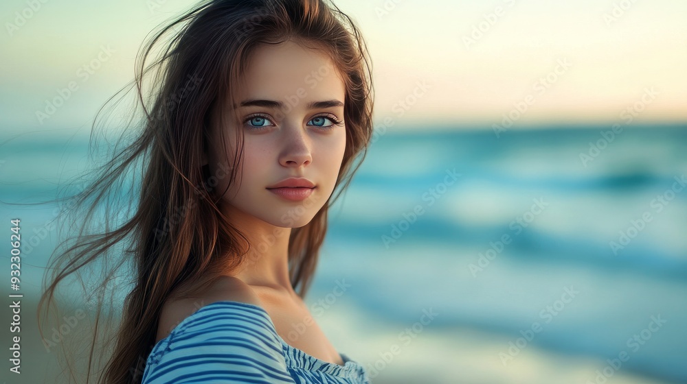 Gorgeous brunette girl with long hair and blue eyes, half turned over in a blue striped dress against a seaside backdrop Gorgeous brunette girl with long hair and blue eyes, half turned over in a blue striped dress against a seaside backdrop