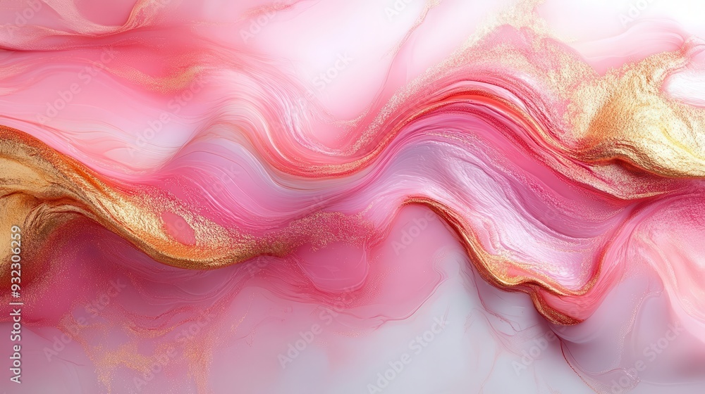 swirling abstract patterns of iridescent pink and gold liquid paint frozen in time against a stark white background evoking a sense of fluid motion swirling abstract patterns of iridescent pink and gold liquid paint frozen in time against a stark white background evoking a sense of fluid motion