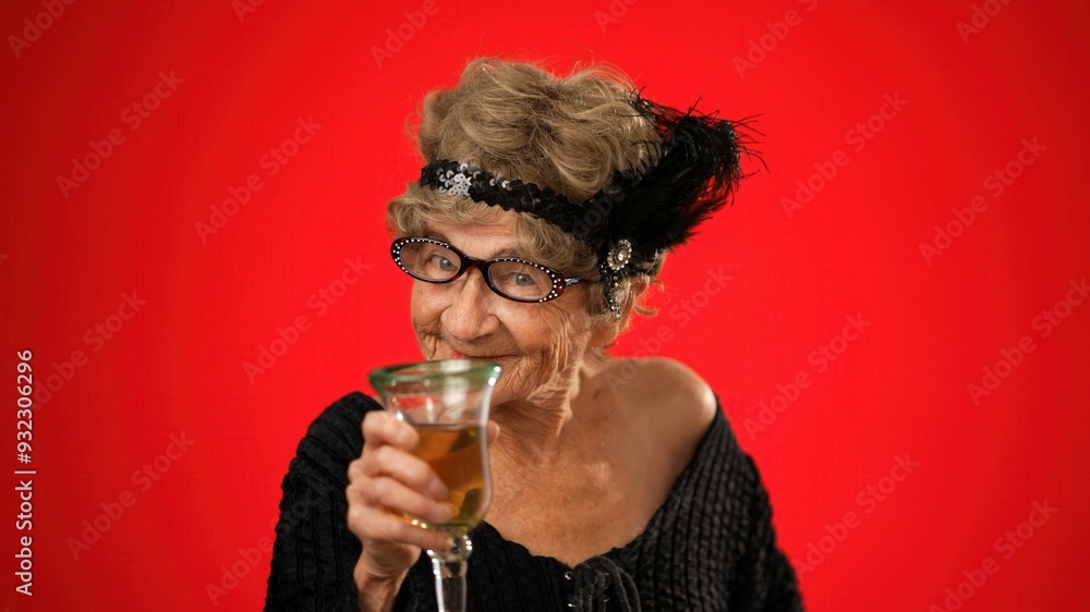 Smiling portrait of fun elderly old woman drinking wine and smiling wearing wig and glasses isolated on red background. Smiling portrait of fun elderly old woman drinking wine and smiling wearing wig and glasses isolated on red background.