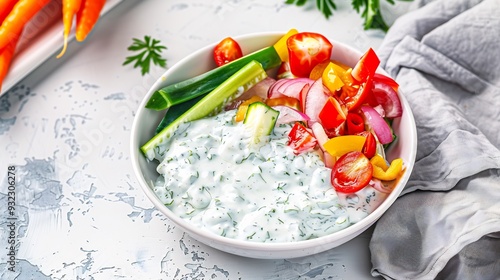 Bowl of creamy ranch dressing served as a dip with fresh vegetable sticks for a light food option photo