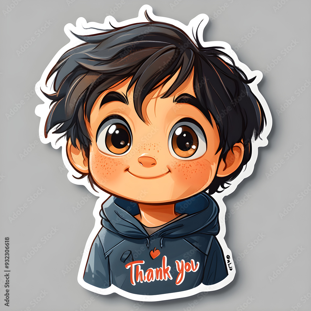 Cute boy smiling and saying thank you sticker design Cute boy smiling and saying thank you sticker design