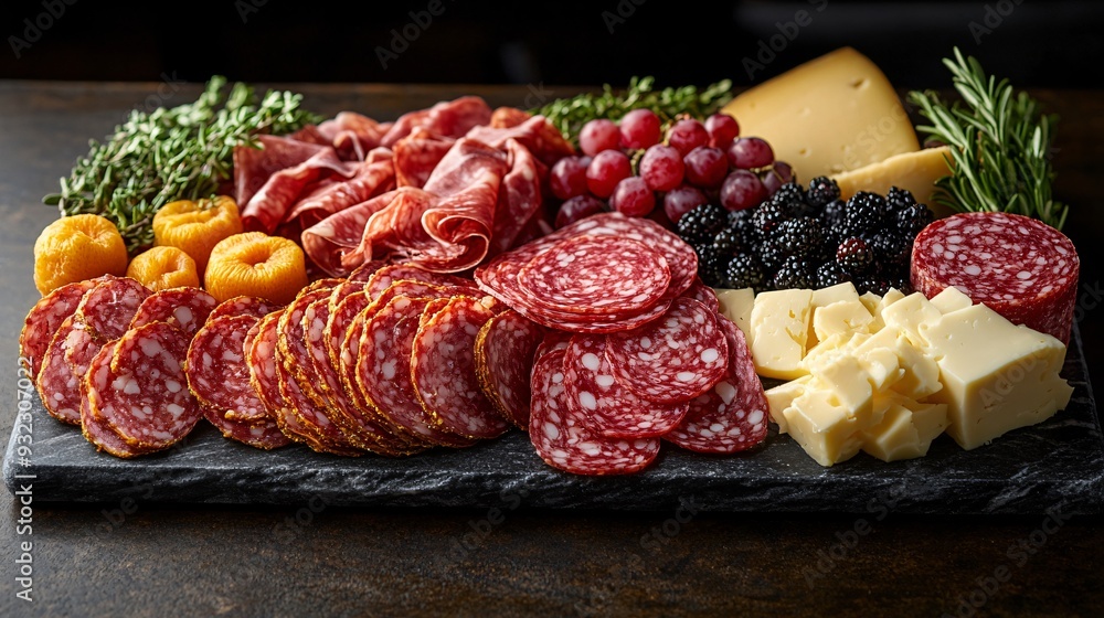Gourmet charcuterie and cheese board presenting delicious meat selection Gourmet charcuterie and cheese board presenting delicious meat selection