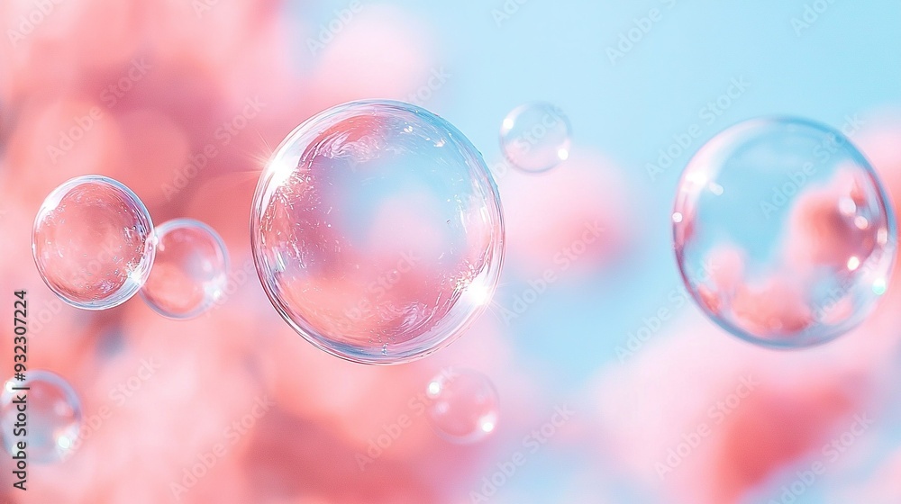 A cluster of air bubbles floating above a blue and pink backdrop with a hazy sky as background A cluster of air bubbles floating above a blue and pink backdrop with a hazy sky as background