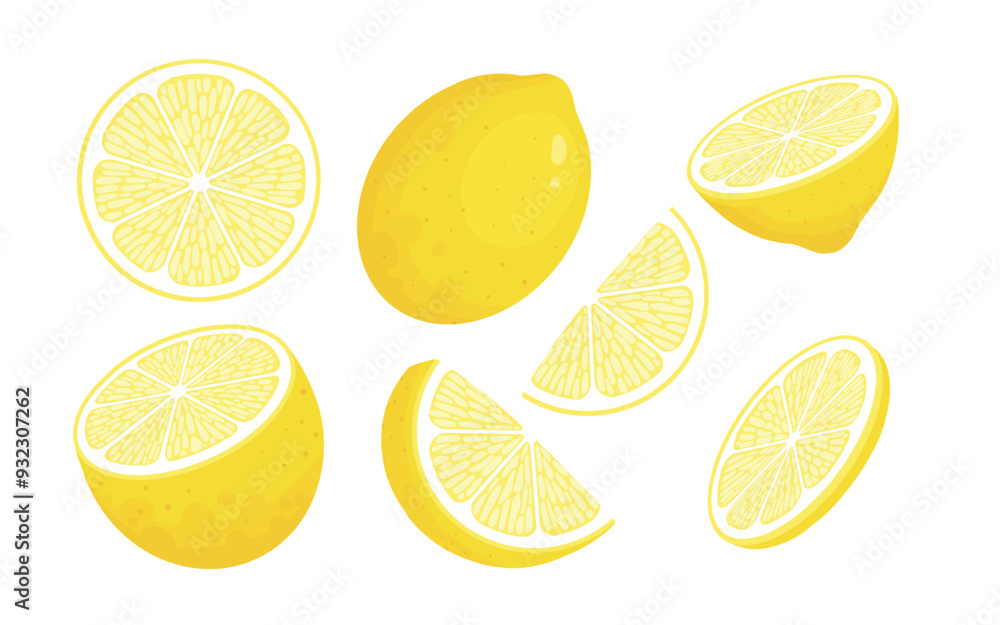 Fototapeta premium Lemon slices. Fresh citrus, half sliced lemons and chopped lemon. Cut lemons fruit slice and zest for lemonade juice or vitamin c logo. Isolated cartoon vector illustration icons set