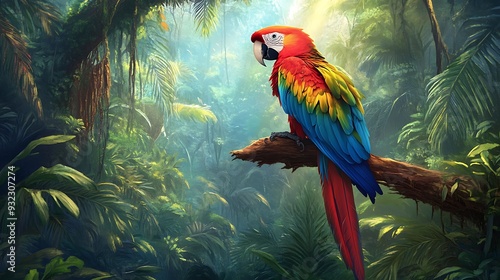 Wallpaper Mural Vibrant Colorful Parrot Perched on a Branch in a Tropical Rainforest Torontodigital.ca