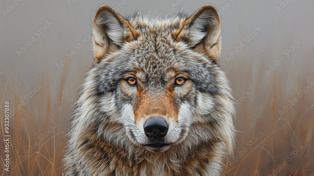 Obraz premium majestic gray wolf portrait in wildlife on blurred background