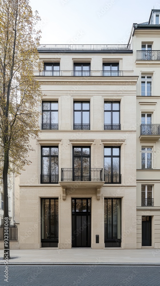 The facade showcases light beige stone, black-framed windows, and cladding, framed by autumn foliage and a cobblestone path in the soft glow of the evening sun The facade showcases light beige stone, black-framed windows, and cladding, framed by autumn foliage and a cobblestone path in the soft glow of the evening sun