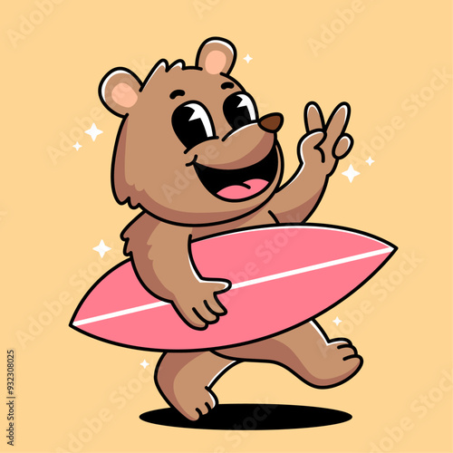 a cartoon character illustration of a funny bear walking  while carrying a surfboard with his hand in a peaceful pose