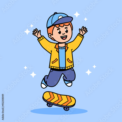 a cartoon character illustration of a fun boy playing a skateboard